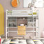 Lit mezzanine simple avec tablettes de rangement, bureau et échelle-326839490
