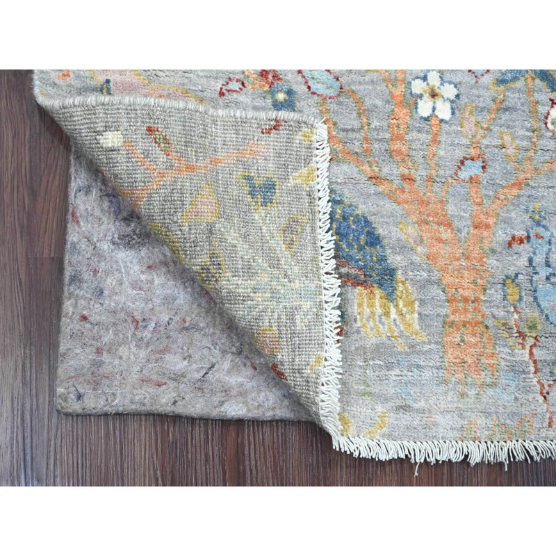 2'x6'2" Misty Grey Peshawar Bird Design Hand Knotted Soft Wool Runner Rug G20893