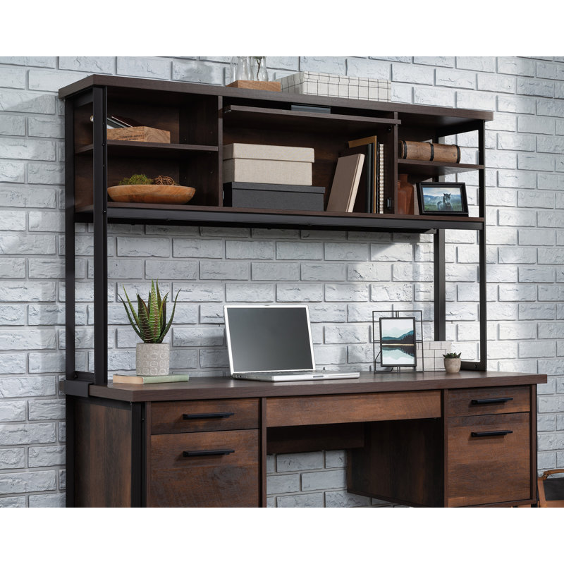 Barrel Oak and Black Metal Computer Desk Hutch with Shelves