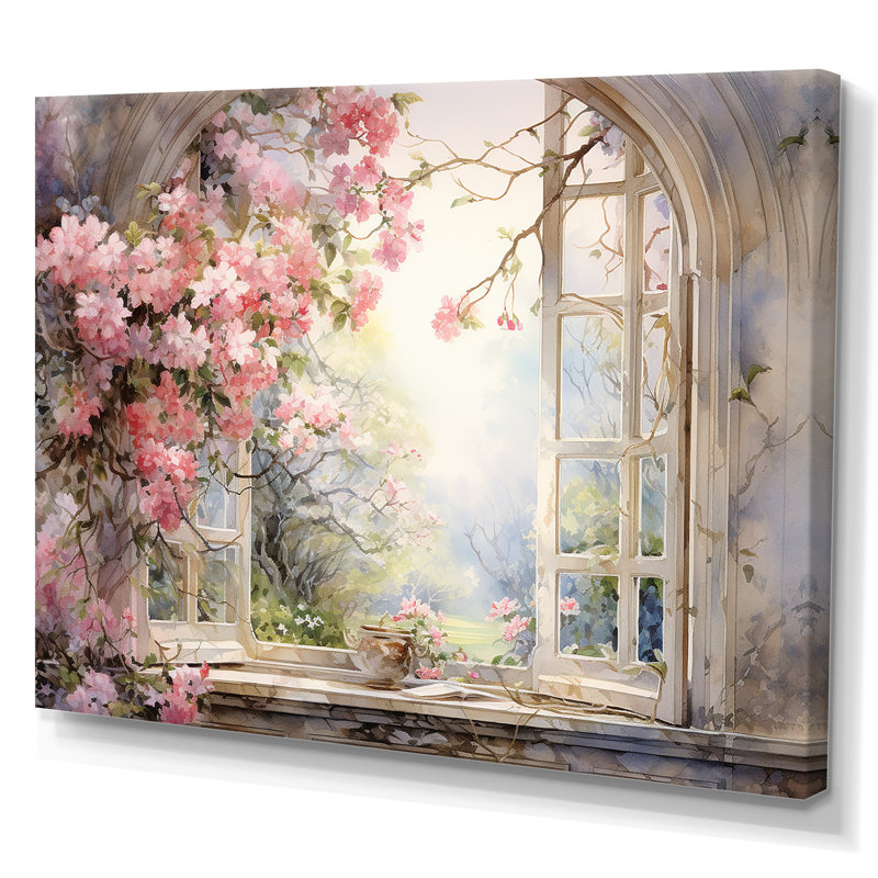 Pink Blossoming country window Gaze  I - Window Canvas Print Wall Art, No Frame, 30" H x 40" W, Wrapped Canvas