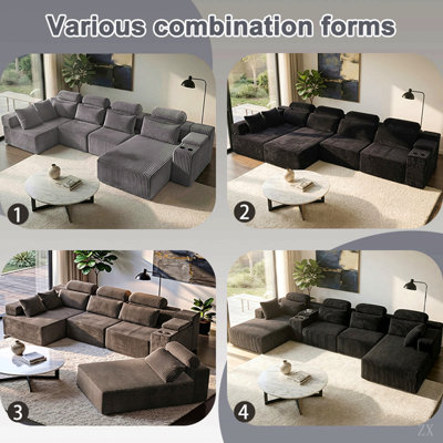 Canapé moderne en velours côtelé 6 places en forme de U avec méridienne et porte-gobelet - Canapé modulaire à compression surdimensionné de 145,7 pouces, adapté pour les cinémas maison, les espaces de vie luxueux, assemblage sans outil