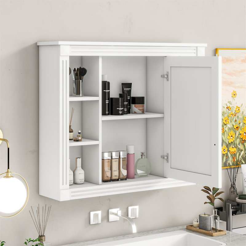 35"W Wall Mounted Bathroom Medicine Cabinet With Mirror And Adjustable Inner Shelf, White