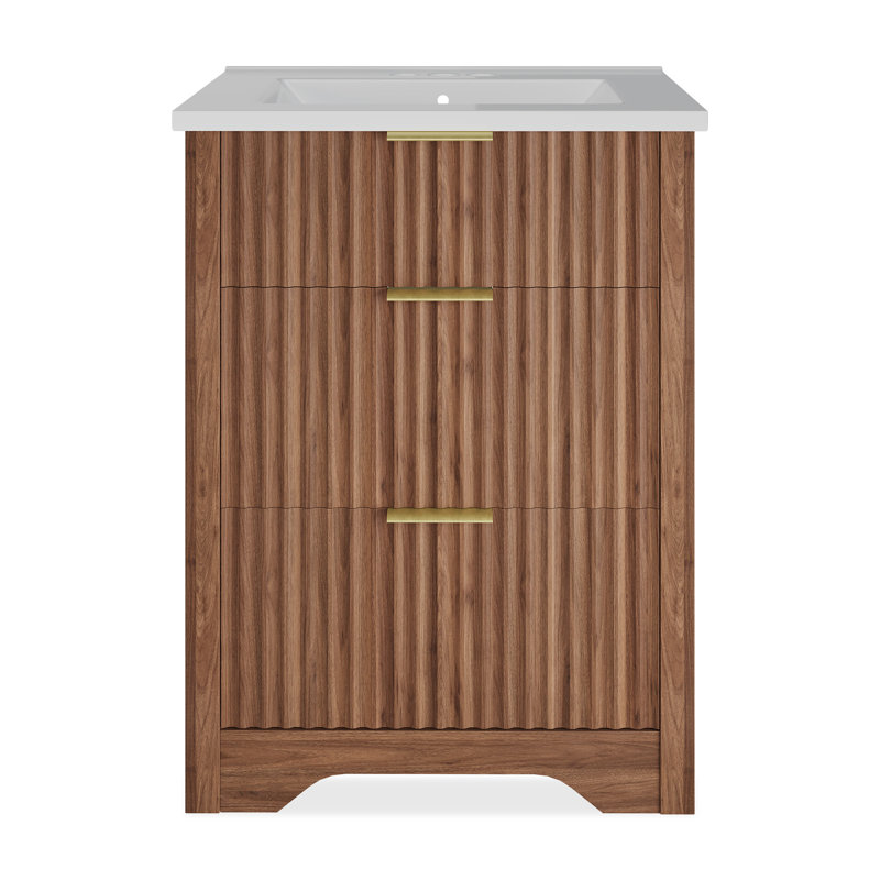24" Fluted Bathroom Vanity with Sink, Freestanding Farmhouse Bathroom Cabinet with 2 Drawers and Flip-Down Drawer, Walnut