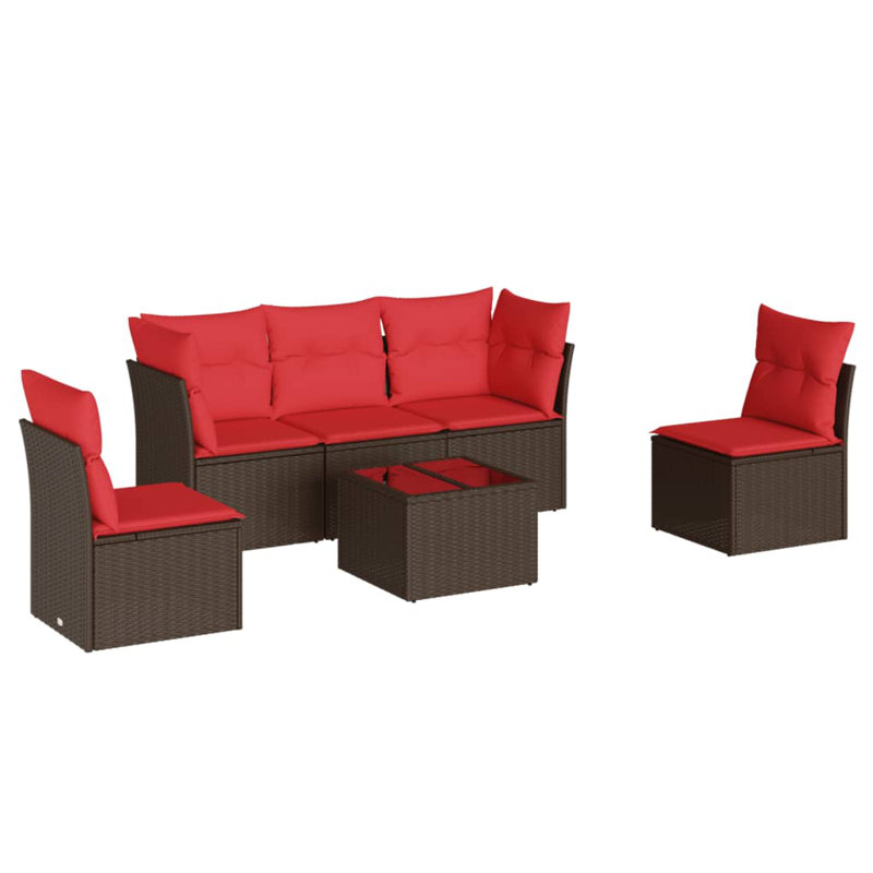 Ensemble de canapé de patio 6 pièces avec coussins en rotin de polyester, Rouge, Brun