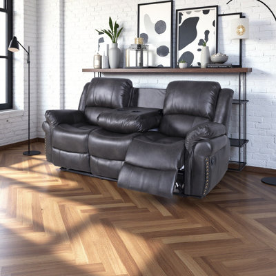 81.1" Manual Reclining Faux Leather 3-Seater Sofa with Drop-Down Table & Cup Holders, Grey