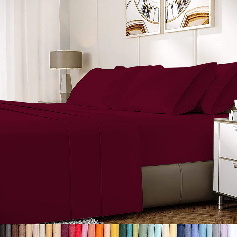 Ensemble de draps en rayonne de bambou 6 pièces , Ensemble de draps pour très grand lit californien, Bourgogne
