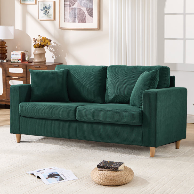 Corduroy Sofa with Square Armrests and 2 Throw Pillows, 2