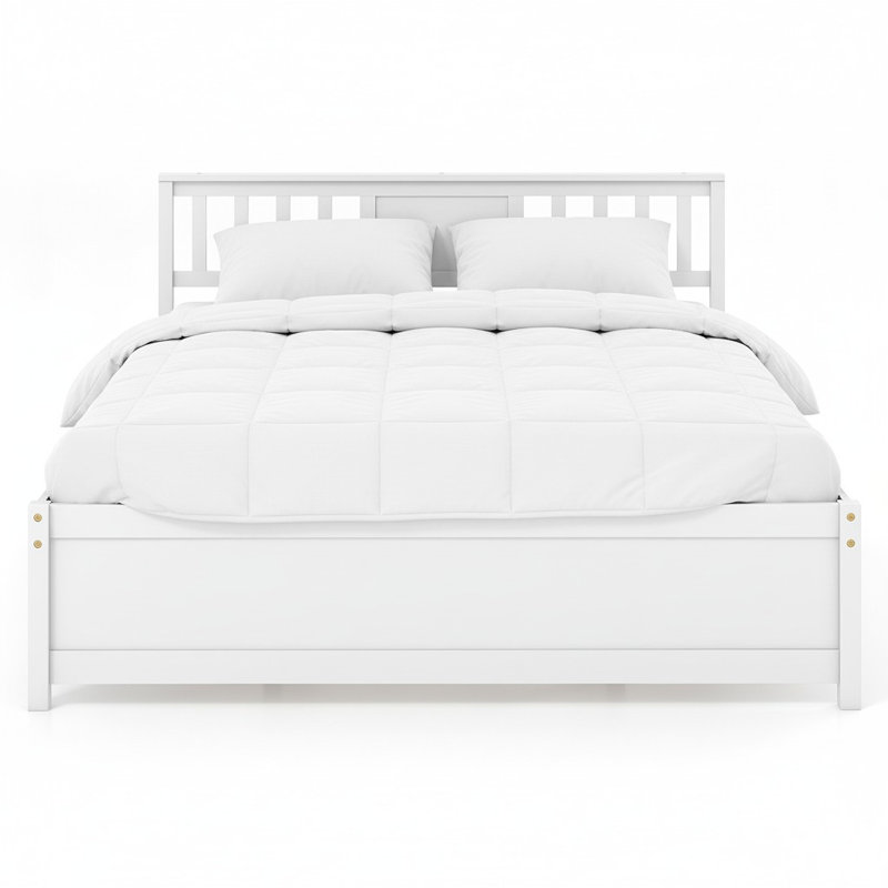 Queen Size Mid-Century Pine Solid Wood Platform Bed Frame with Headboard Slat Support, White, Queen