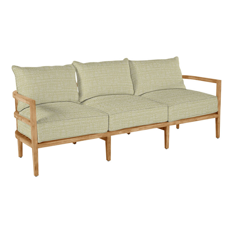 Santa Barbara 87" Wide Outdoor Teak Patio Sofa with Cushions, No Welt, Herringbone Sand, Natural Teak