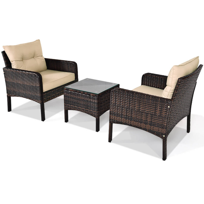 Ensemble de 3 meubles de patio en osier avec coussins et table basse en verre trempé brun, Brun