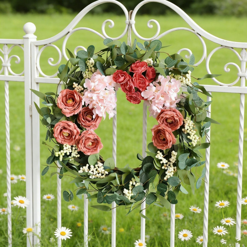 Couronne de pivoine rose artificielle 19,7 pouces pour porte d'entrée avec hortensia feuilles vertes Saint-Valentin décoration murale fête de mariage décoration intérieure