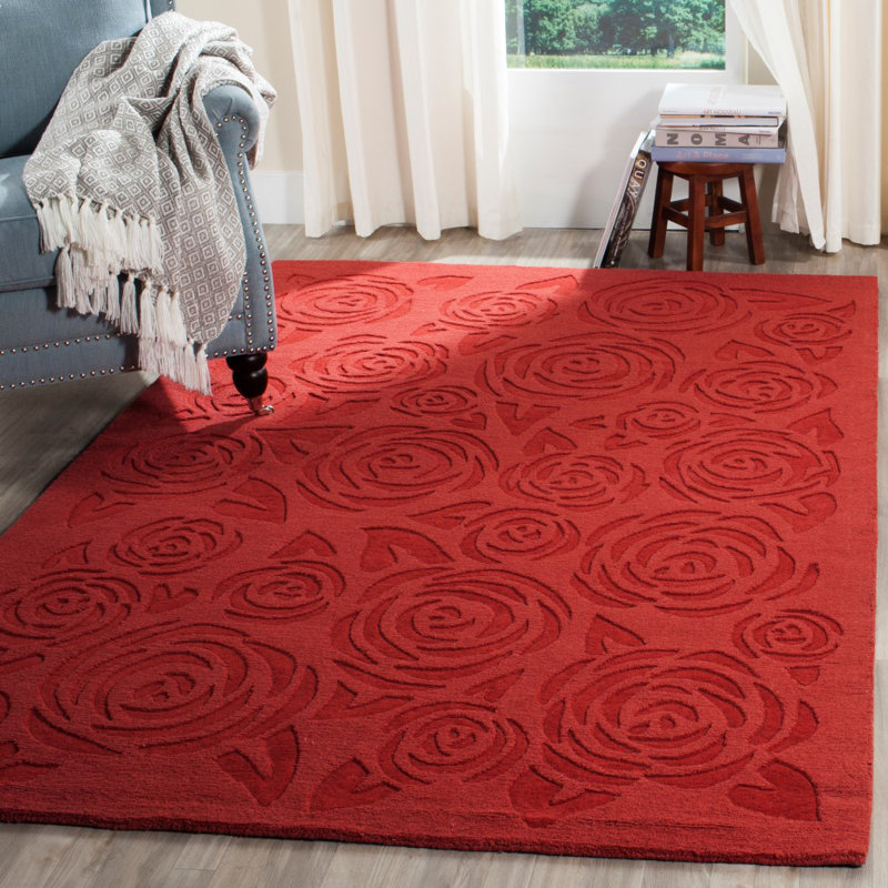 Tapis de zone rouge en laine touffeté à la main Block Rose, Rectangle 5 pi x 8 pi