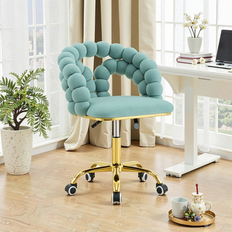 Fauteuil de bureau pivotant en velours avec dossier à bulles et base dorée, Or / bleu sarcelle