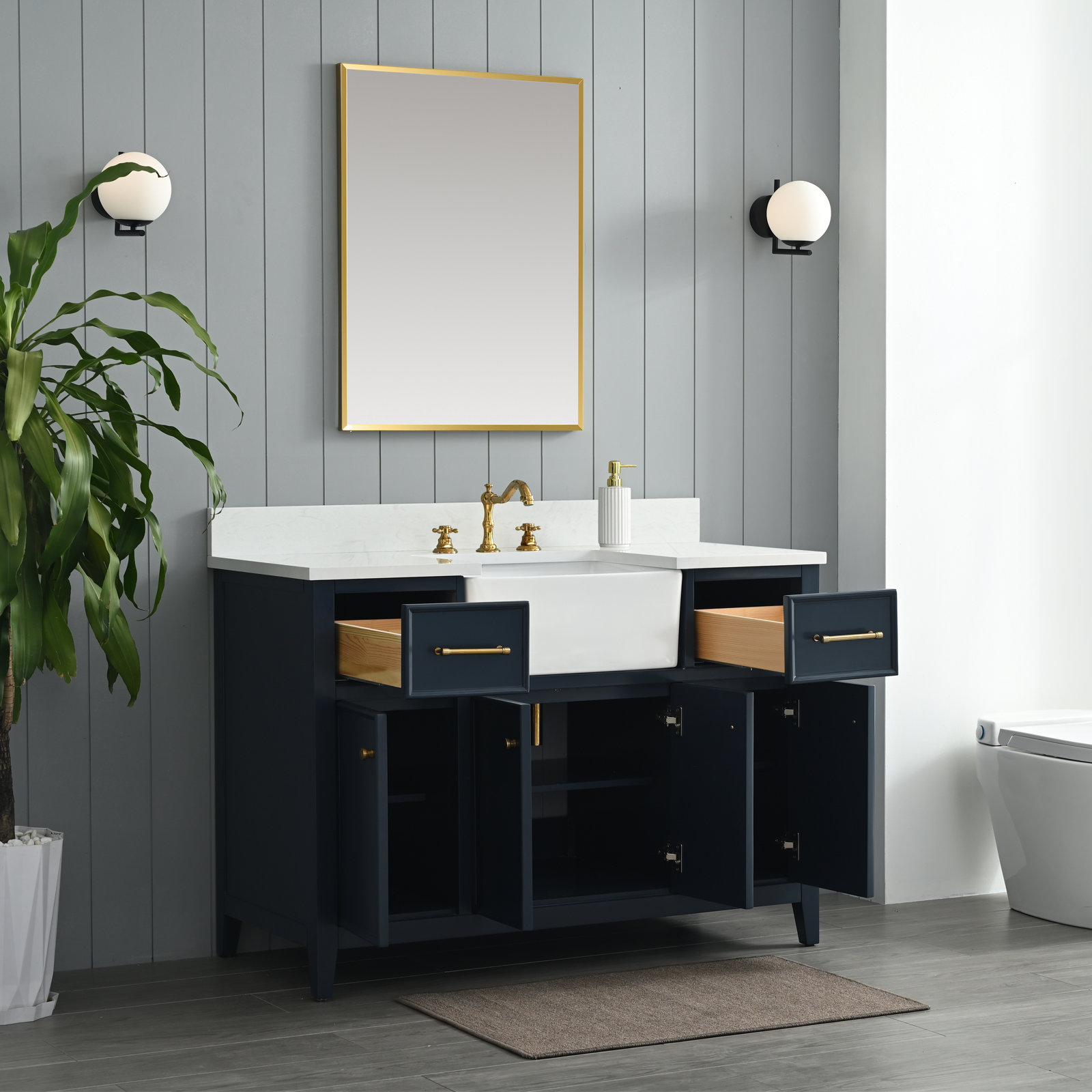 Aisa 48" Pine Single Bathroom Vanity, Indigo Blue/Brushed Gold