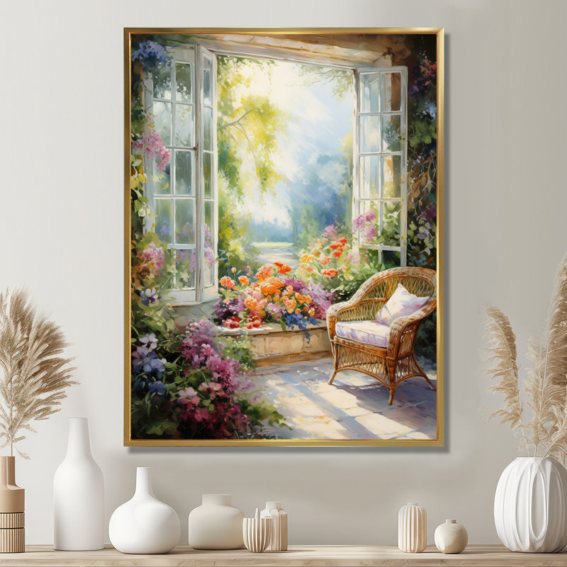 Orange et vert, fenêtre française vue III - fenêtre, art mural sur toile, Cadre flottant doré, H 32 po x l 16 po x P 1 po