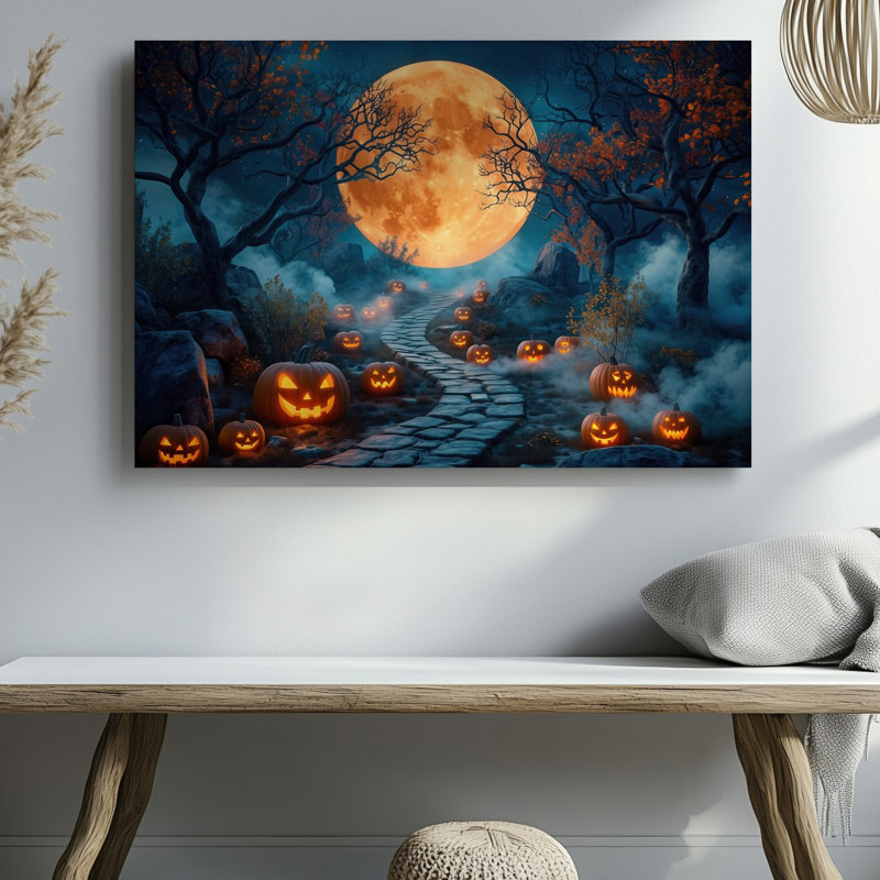 Toile une scène d'Halloween mystique avec un chemin en pierre sinueux, art mural illuminé par Jack O Lanterns, chacune avec art mural unique sur toile