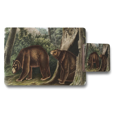 Bear Themed Placemat And Coaster Set With Forest Wildlife Design