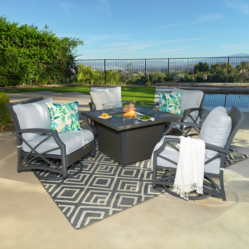 Roam 5 Piece Handwoven Rattan Outdoor Propane Gas Fire Table Set With Cushions, Gray, Slate Gray