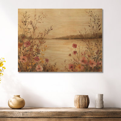 Pink and Brown Wildflowers Lake Horizon - Floral Wooden Wall Art