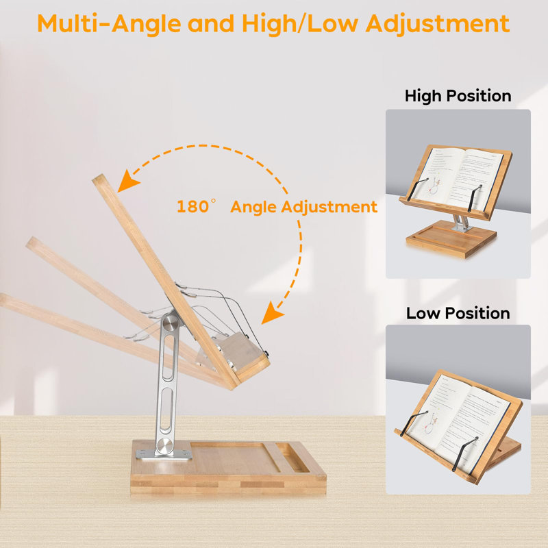 Book Stand For Reading, Adjustable Holder With 360° Rotating Base & Page Clips, Foldable Desktop Ricer For Cookbook,Sheet Music,Laptop,Recipe,Textbook,Hands Free(13.2 X 9.2 Inches)