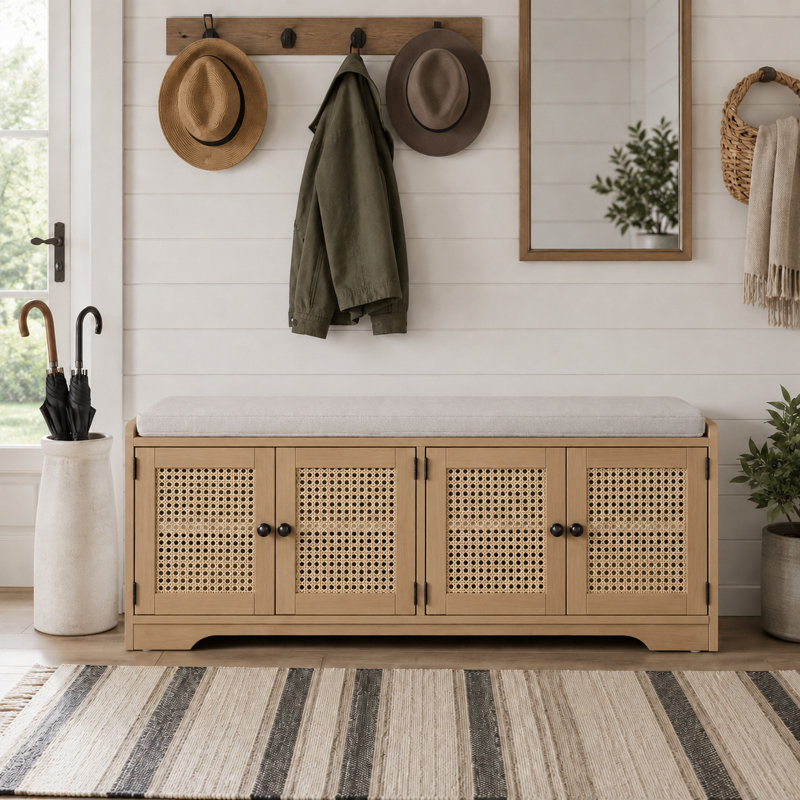 Farmhouse Rattan Door Storage Bench with Cushioned Seat, Adjustable Shelves, Multifunctional Wood Shoe Bench for Entryway, Hallway and Living Room