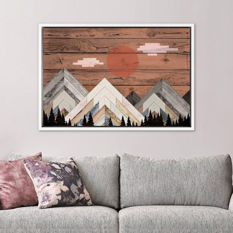 Western Sun & Clouds Snowy Winter Mountains Nature Artwork Wood Effect Panels Art Rustic Landscape, reproduction d'art sur toile