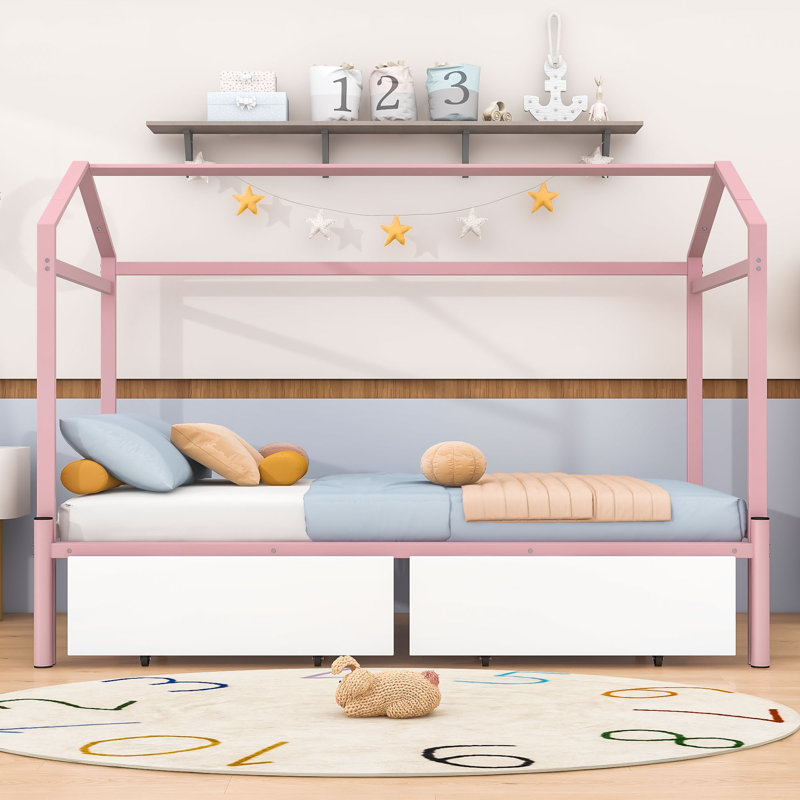 Atice Twin XL to King Size Platform Bed with 2 Drawers, Pink