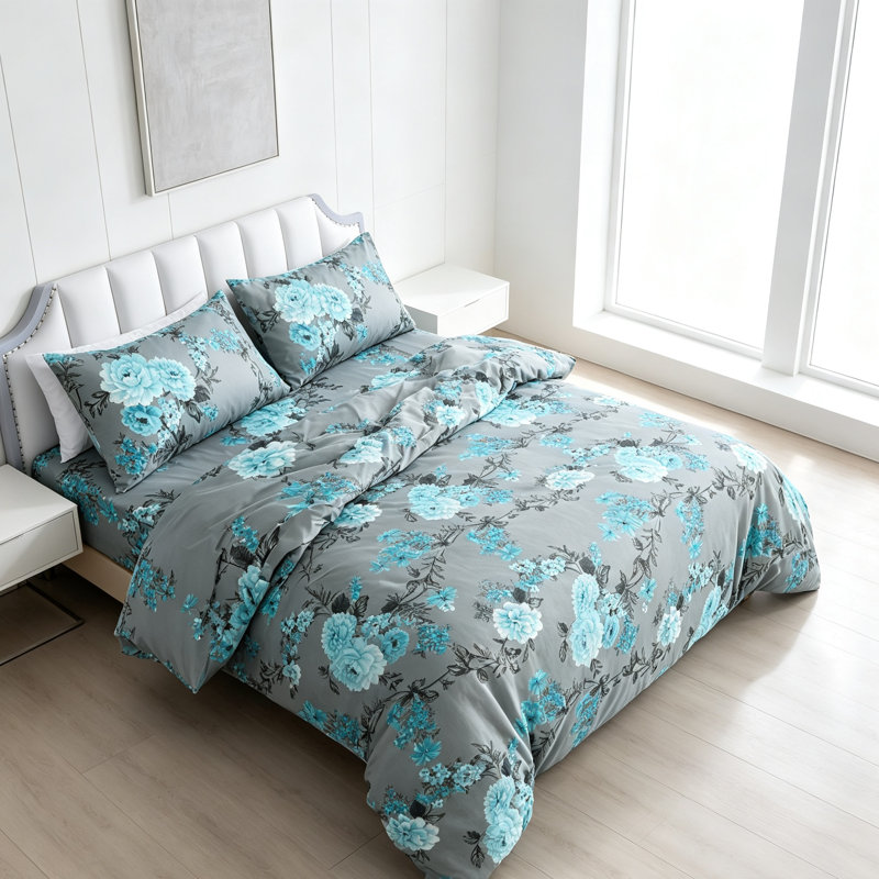 Reversible Floral Microfiber 4-Piece Bedding Set with Duvet Cover, Blue Floral
