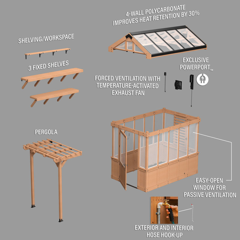 Cedar Wood and Polycarbonate Walk-in Greenhouse with Shelves and Fan
