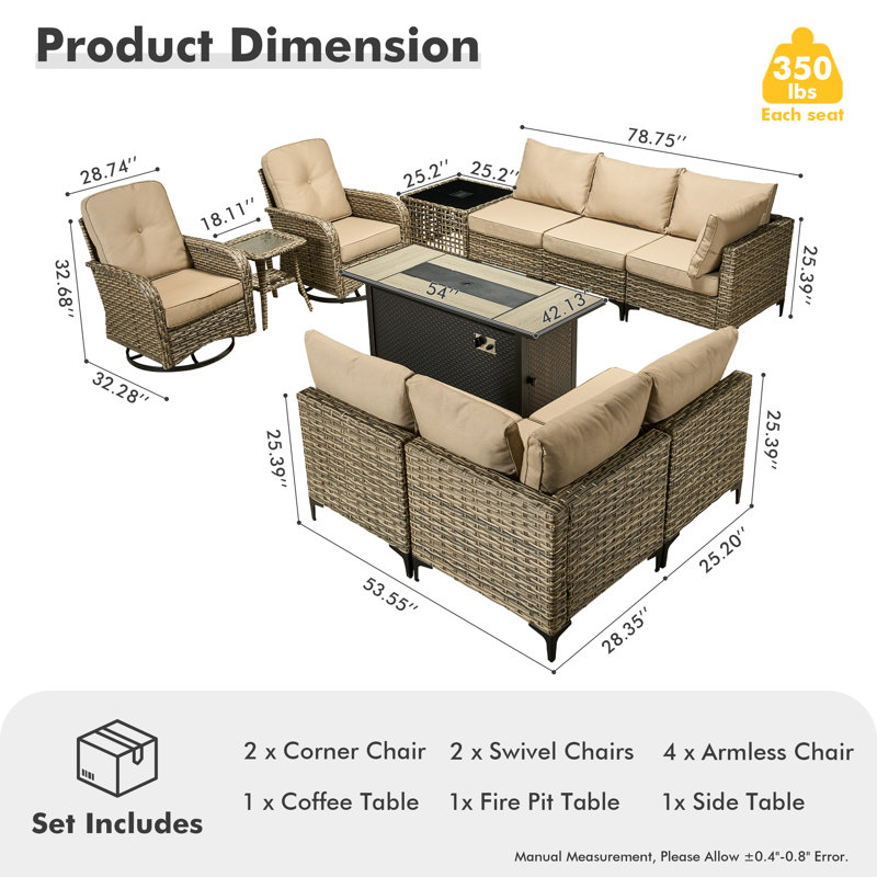 10 Piece Patio Furniture With Fire Pit Table, Outdoor Rattan Wicker Conversation Set With Glowing Coffee Table, Comfy Sectional Sofa Set With Swivel Rocking Chairs For Porch Balcony Backyard Pool