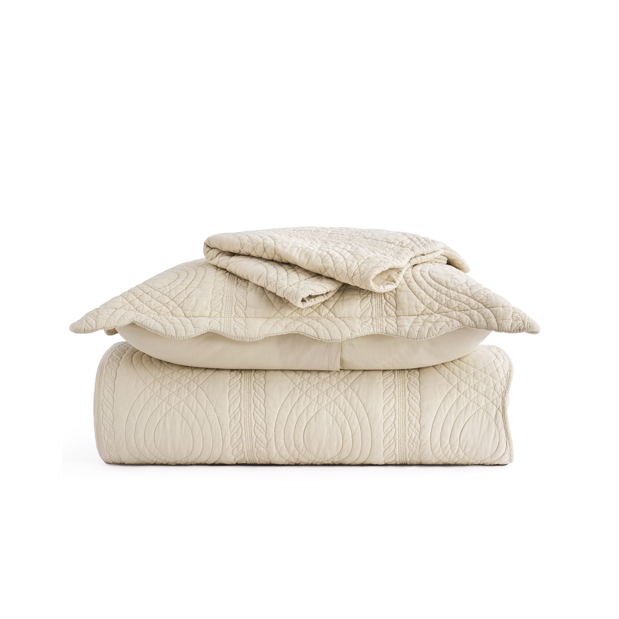 Scallop Edge 100% Cotton Quilt Set, Flax Beige, Queen Quilt + 2 Queen Shams