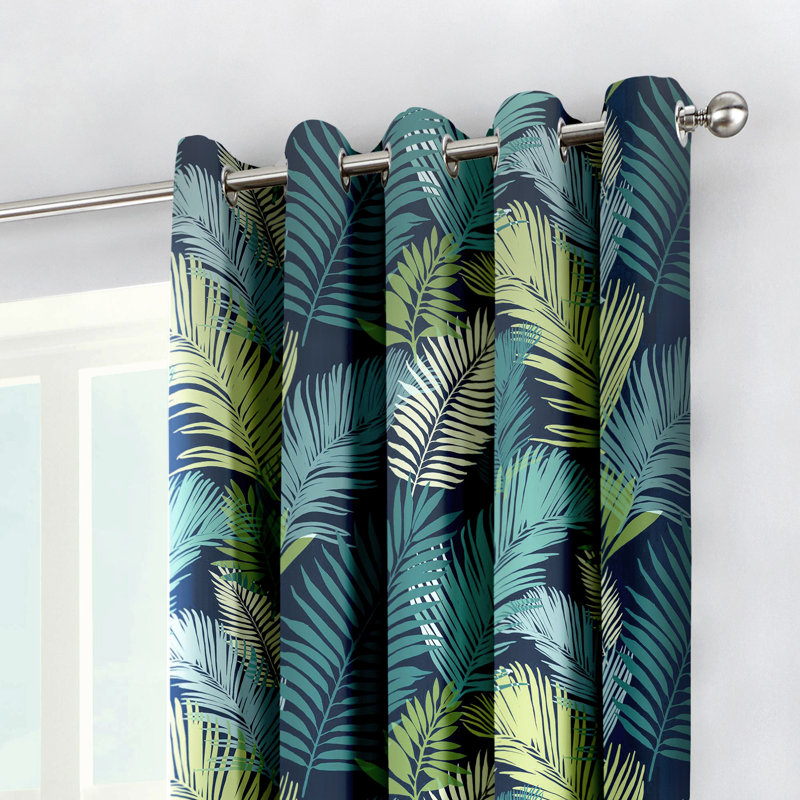 Tropical Cotton Room Darkening Curtain Pair, Width 117 x Drop 183 cm, Blue