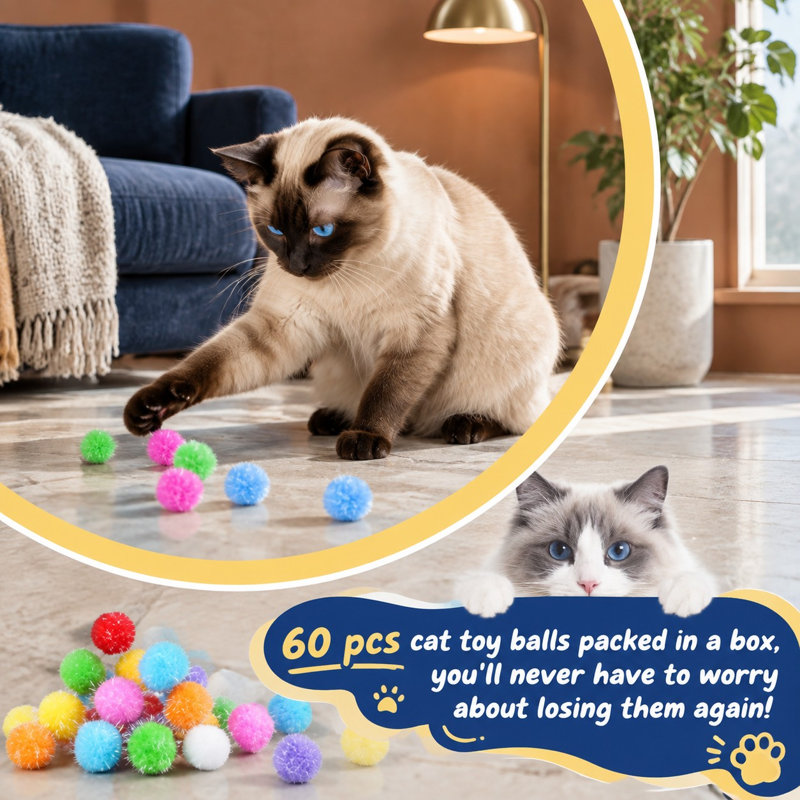 Ensemble de 60 balles à pompons multicolores en forme de chat, balles extra-larges de 3,8 cm (1,5 pouce) à paillettes duveteuses pour des jeux et des activités interactives.