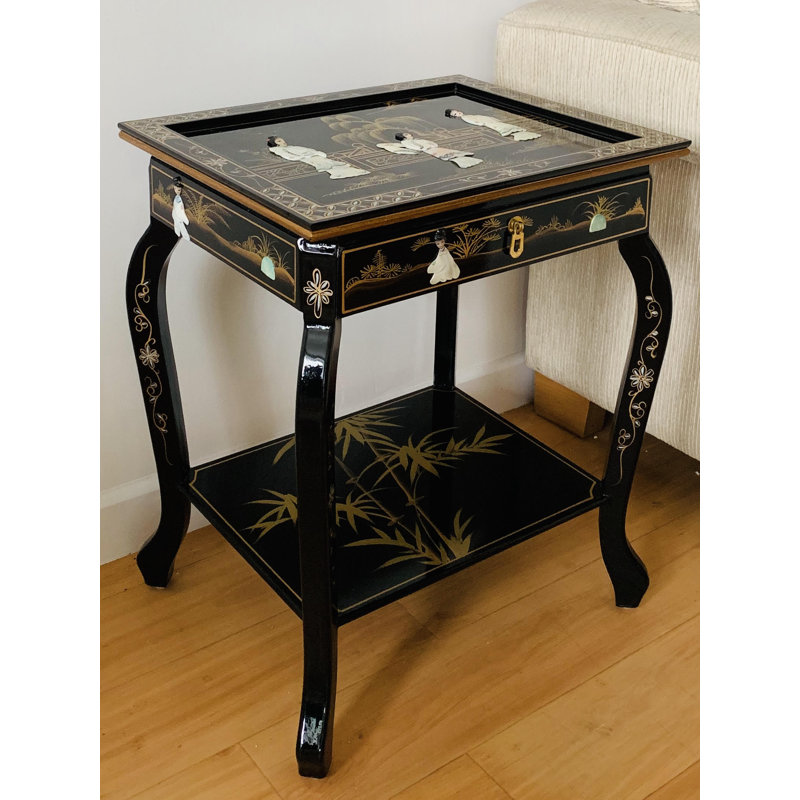 Entrada Oriental Mother Of Pearl Hand Painted Side Table with Storage and Shelf