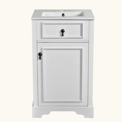 Meuble-lavabo de salle de bain avec lavabo en céramique et support de rangement fixé à la porte