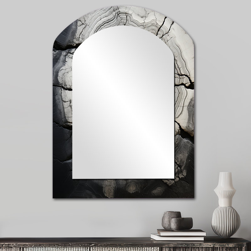 Gris gris Geode Minimalisme - miroir décoratif asymétrique en pierre spirituelle, miroir mural arqué traditionnel, impression d'art en métal