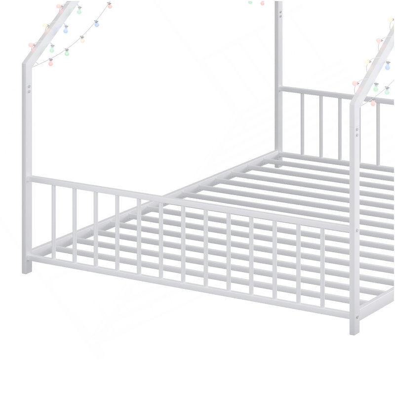Cadre de lit double pour enfant avec bandes lumineuses à DEL, cadre de lit en fer en forme de toit, blanc