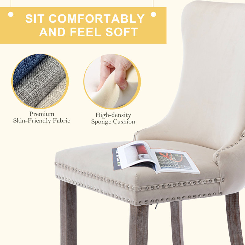 Beige Velvet Tufted Upholstered Side Chairs with Nailhead Trim, Set of 6