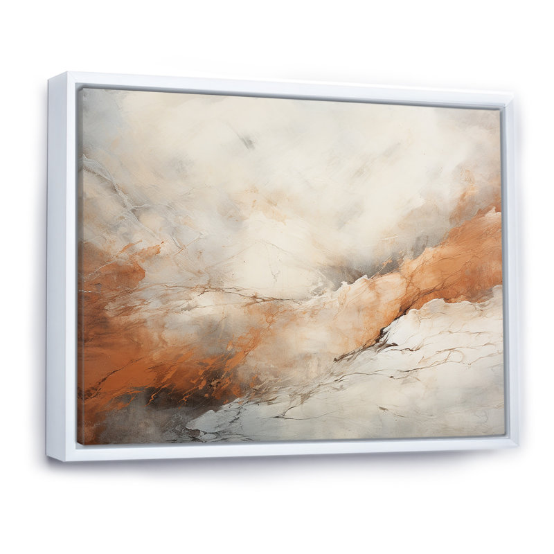 Art mural mural, montagnes de la rivière Minimalisme beige et orange, Cadre flottant blanc, H 34 po x l 44 po