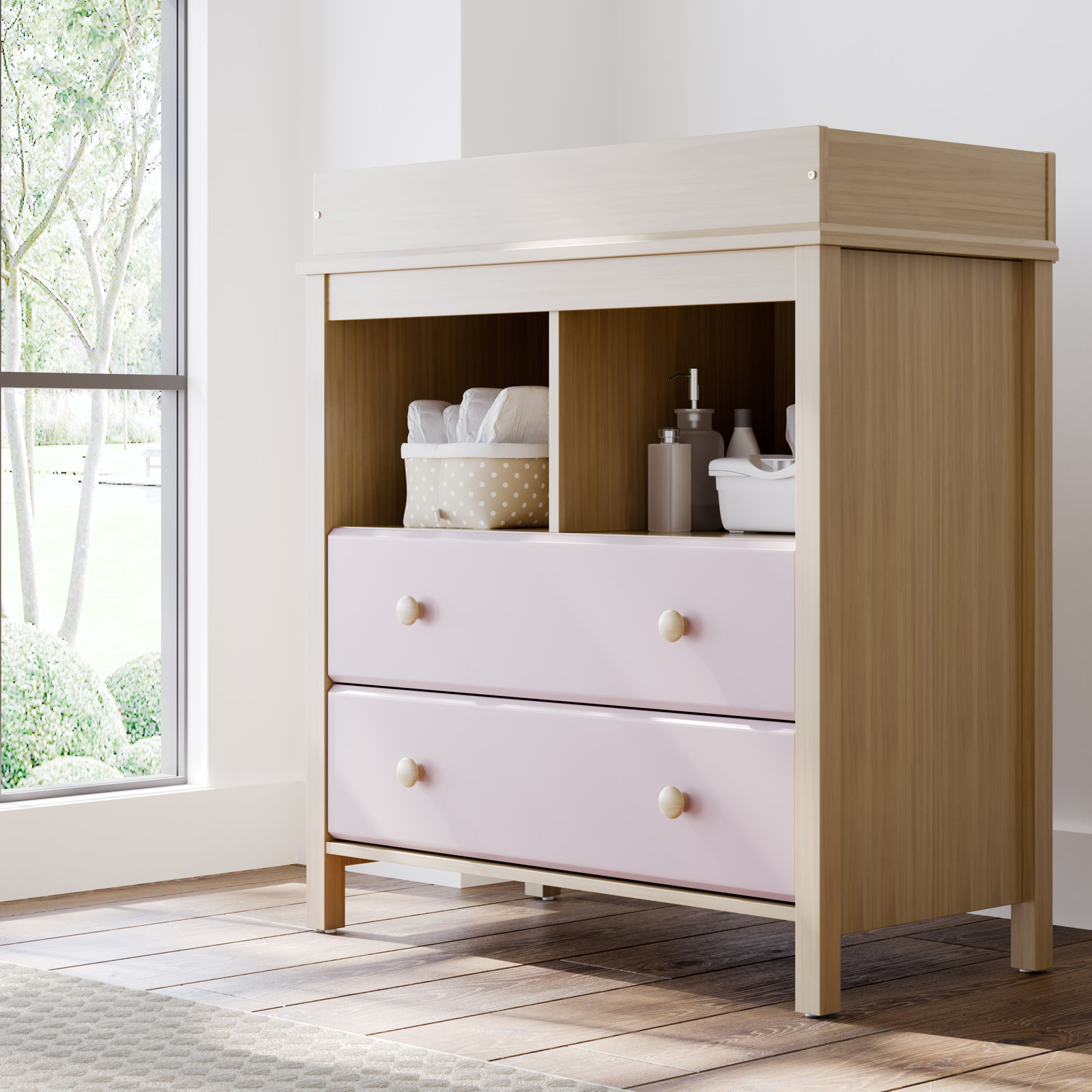 Alpine Changing Table Dresser, Driftwood/Blush