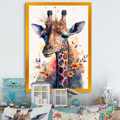 " Cute Giraffe Floral Art I " Painting Print