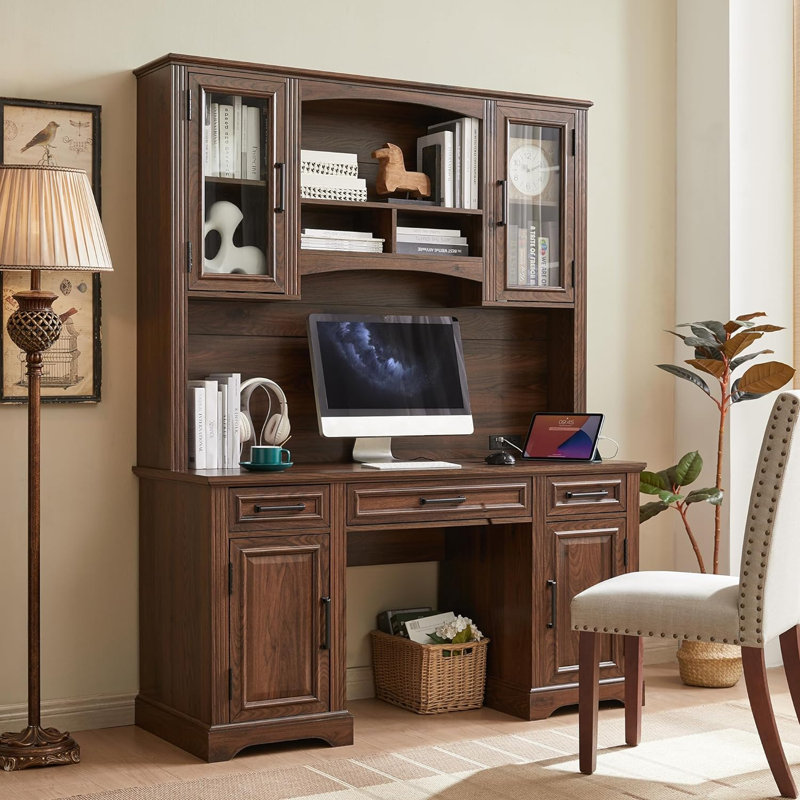 Dennison 76" High Computer Desk Bar Cabinet with Hutch, Brown