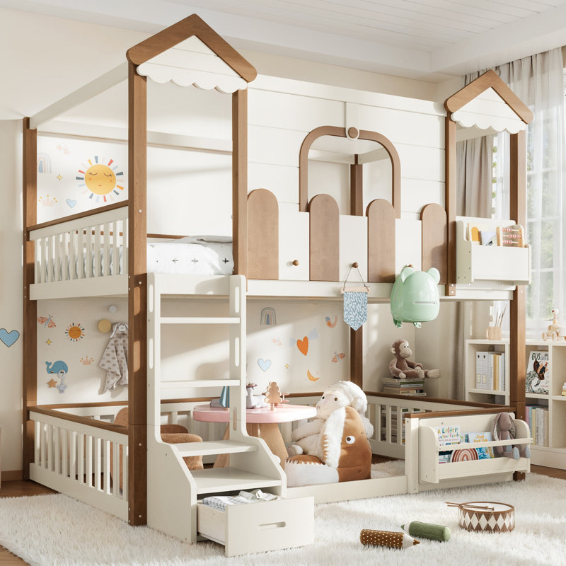 Lit superposé double en bois massif avec étagères, tiroir et conception détachable, Beige / naturel profond