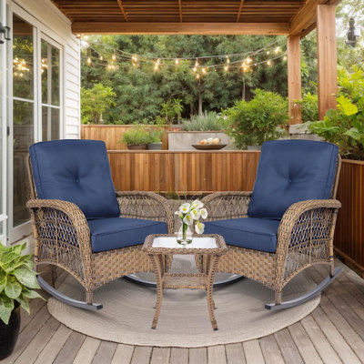  3-Piece Outdoor Conversation Bistro Set, Patio Wicker Rocking Chairs Rattan Furniture Sets W/ 2 Rattan Chairs, Cushions, Glass Top Side Table For Garden Porch Backyard (Navy Blue)