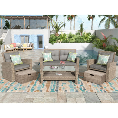 Patio Furniture Set, 4 Piece Outdoor Conversation Set All Weather Wicker Sectional Sofa With Ottoman And Cushions -  Red Barrel StudioÂ®, C423FA398C3C48BEA1938BFBD103F30E