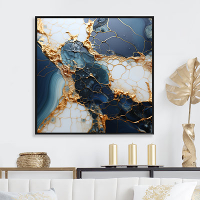 Encre de marbre dorée et bleue - Art mural abstrait à l'encre liquide