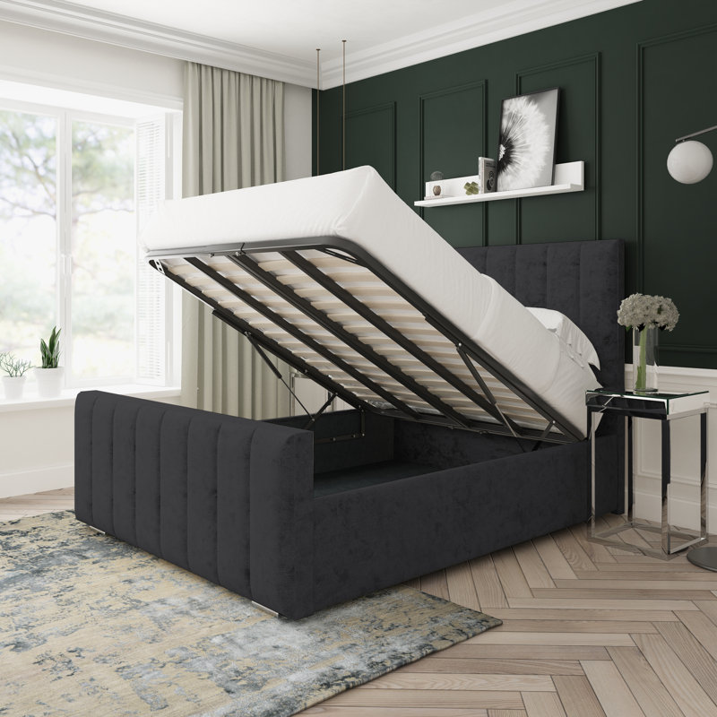 Oakley Crushed Velvet Upholstered Ottoman Bed Frame, Black, Super King (6')
