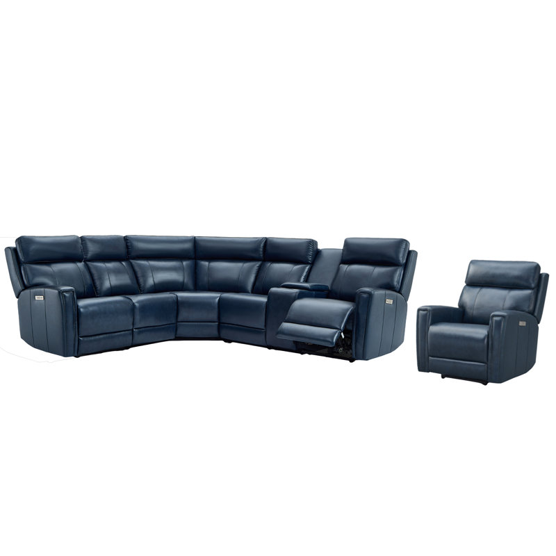 Canapé modulaire inclinable électrique Avani, Cuir véritable bleu, 3 sièges inclinables