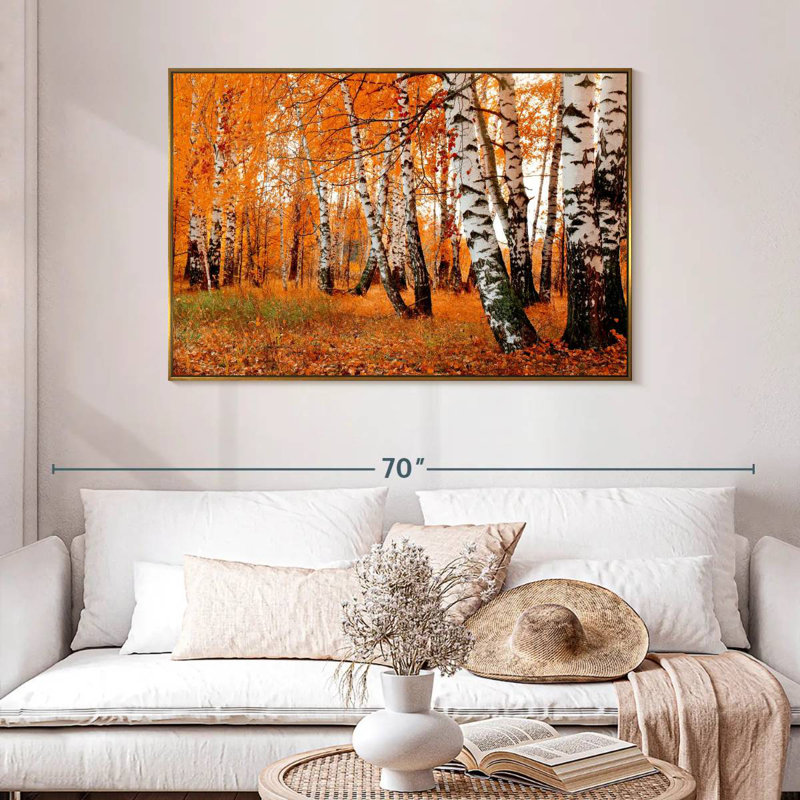 Forêt de bouleaux orange, 46 po x 31 po, Cadre flottant doré