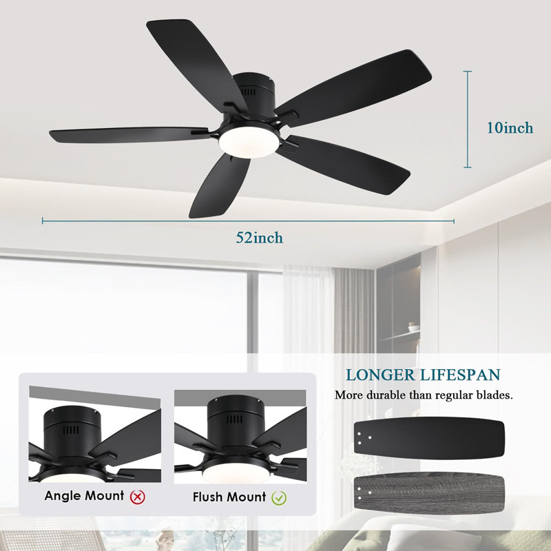 52 inch Low Profile Ceiling Fan with Light and Remote Control, Black, Black